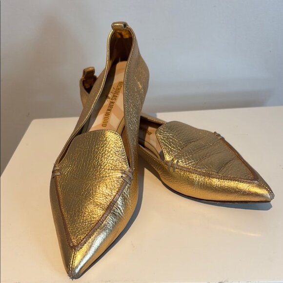 Nicholas Kirkwood Metallic Gold Leather Beya Pointed Toe Loafers Size 38 - Picture 12 of 14